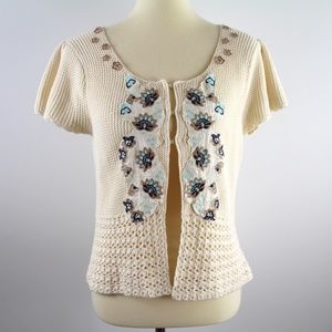 Lulumari Ivory Sweater Cardigan Scoop Neckline Short Sleeves Appliqué L